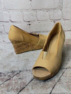 Rampage Y2K Platform Cork Wedge Peep Toe Canvas Heels Shoes 7 Beige